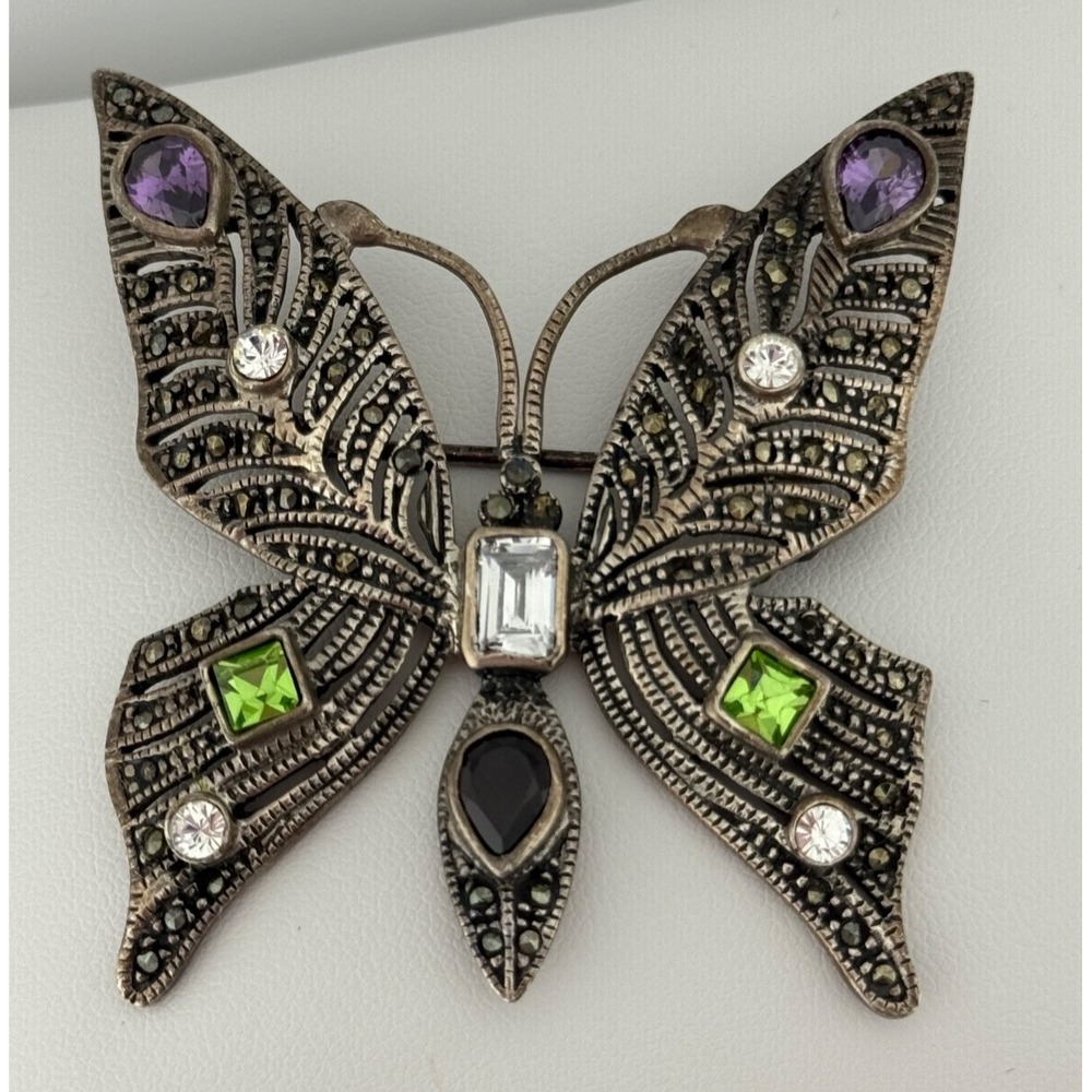 Sterling Silver Butterfly Brooch Marcasite Multicolor Glass Pin